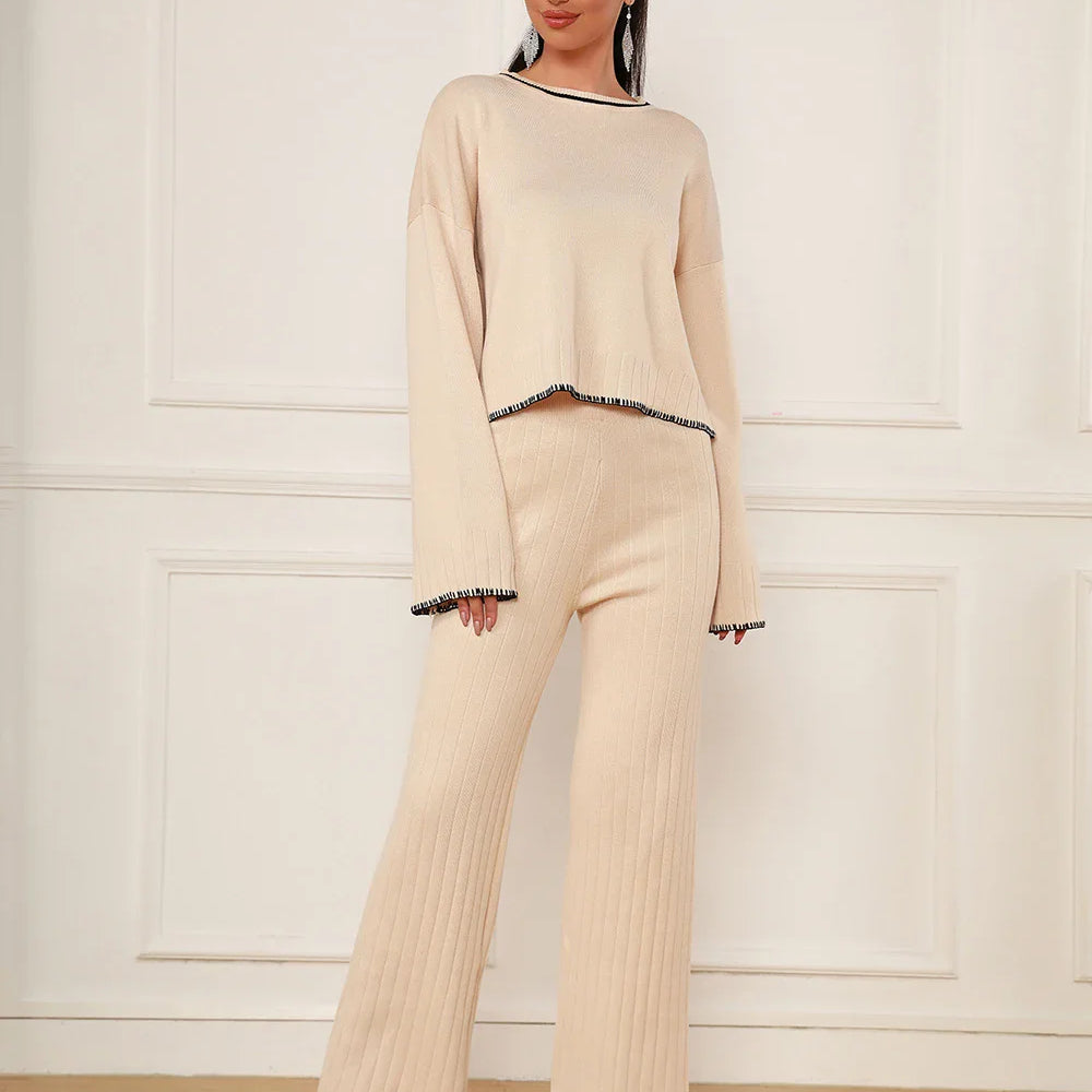 2025 Spring Casual Women's Knitted Pants Set O-neck Long Sleeve Hoodie Loose Knitted Shirt+Straight Pants Two Piece Set