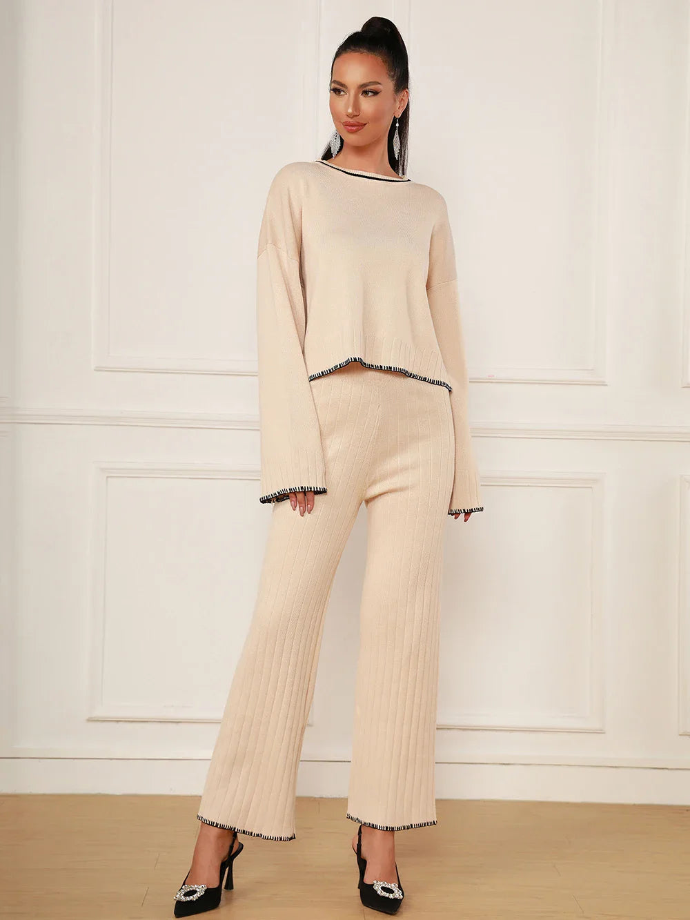 2025 Spring Casual Women's Knitted Pants Set O-neck Long Sleeve Hoodie Loose Knitted Shirt+Straight Pants Two Piece Set