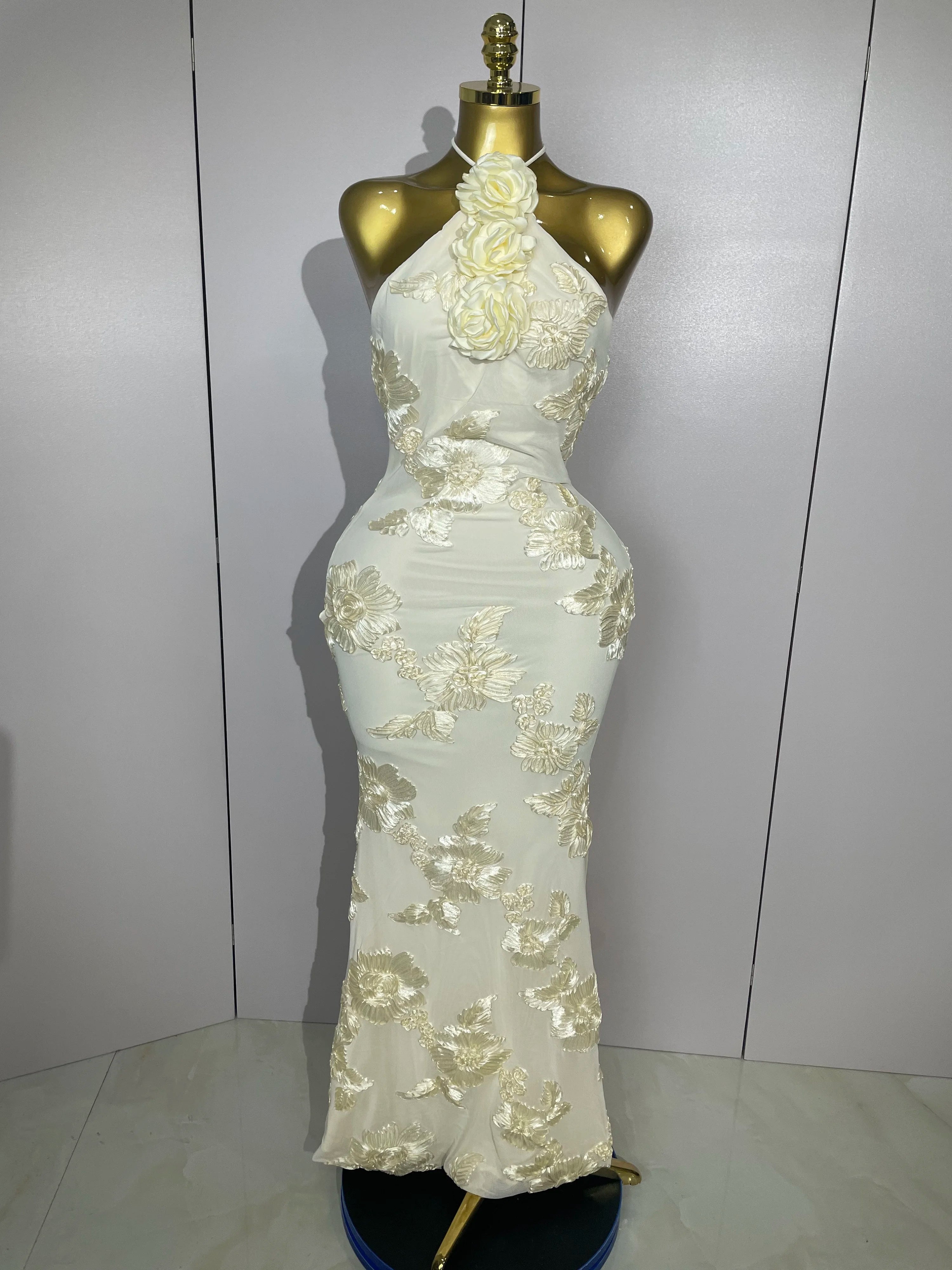 2025 New Sexy Halter High Waist Slim Embroidery Floral Long Dress Women Celebrate Evening Party Prom Fashion Cocktail Outfit Lemon yellow