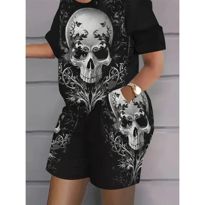 2025 Fashion Summer Women's Clothing Plus Size Ladies Loose and Comfortable 3D Skull Short Sleeve Round Neck T-Shirt Shorts Set