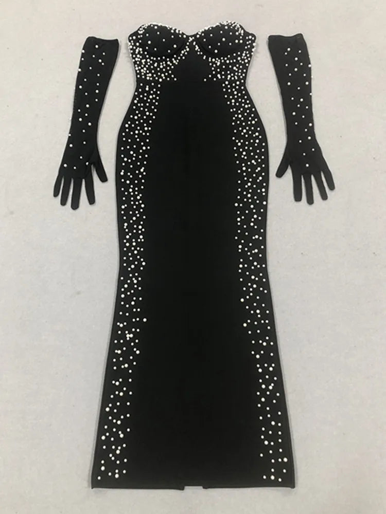 Sexy Strapless Backless Pearl Beading Black Long Bandage Women Celebrity Dress 2025 Elegant Party Evening Club Vestido Clothing