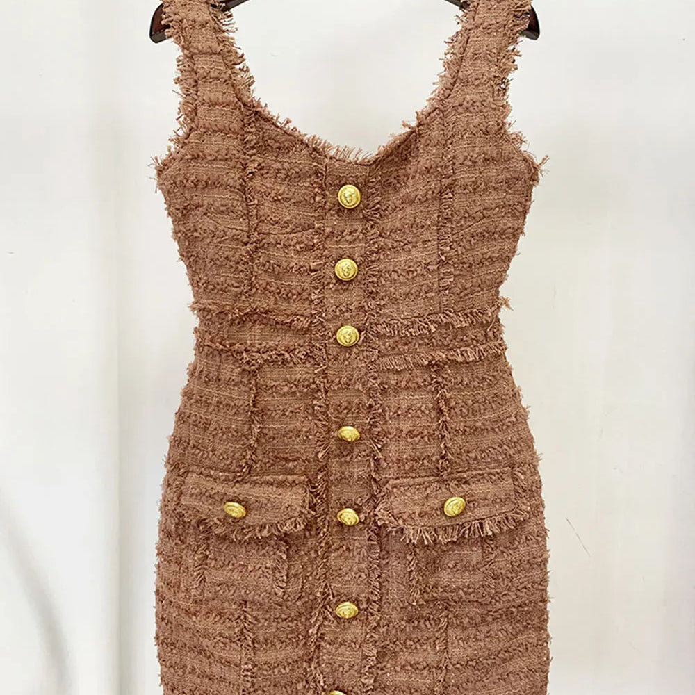 2024 Elegant Women's Button Design Dress Camisole Sleeveless Slimming Mini Dress Celebrity Cocktail Evening Party Vestidos Brown