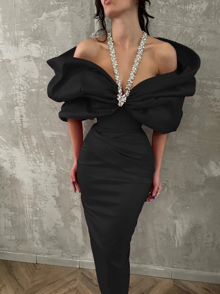 Women Sexy Off Shoulder Ruched Black Maxi Long Diamonds Celebrity Bodycon Bandage Dress 2025 Elegant Evening Club Party Dress black
