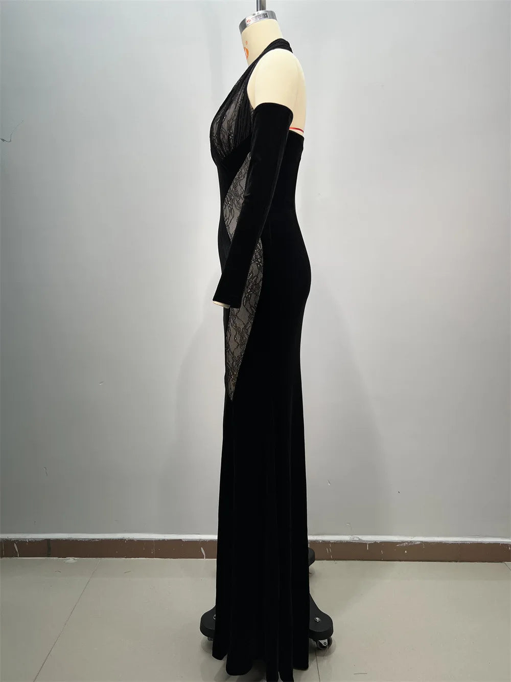 Black Lace Patchwork Velvet Halter Floor Length Dress Celebrity Party Dress Birthday Vestido