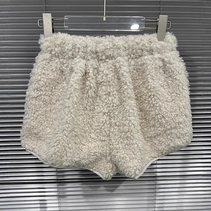 Autumn Winter New Thickened Lamb Wool Shorts For Women Elastic Waist Drawstring Design A-line Hot Pants 11A07633