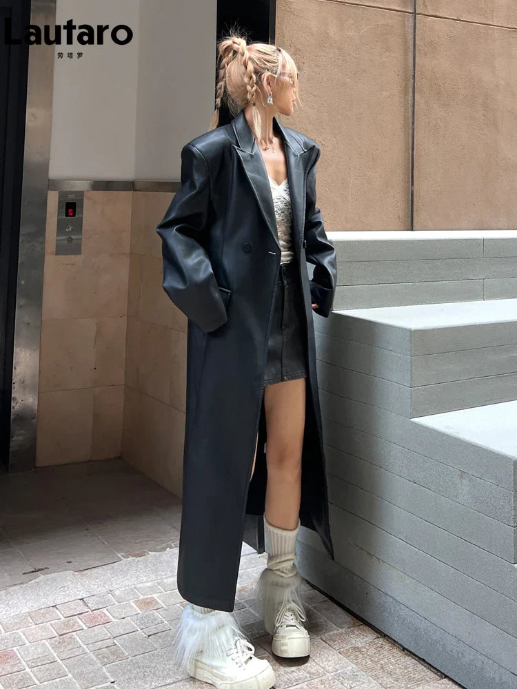 Spring Autumn Extra Long Black Loose Pu Leather Trench Coat for Women Shoulder Pads Double Breasted Faux Leather Blazer