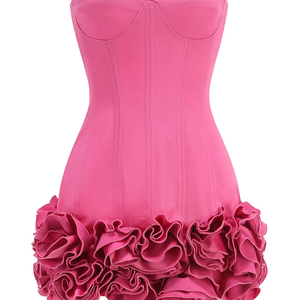 2024 Sexy Women'S Backless Drawstring Tied Dress Strapless Sleeveless Edible Tree Fungi Puffy Dress Cocktail Party Vestidos Rose Red