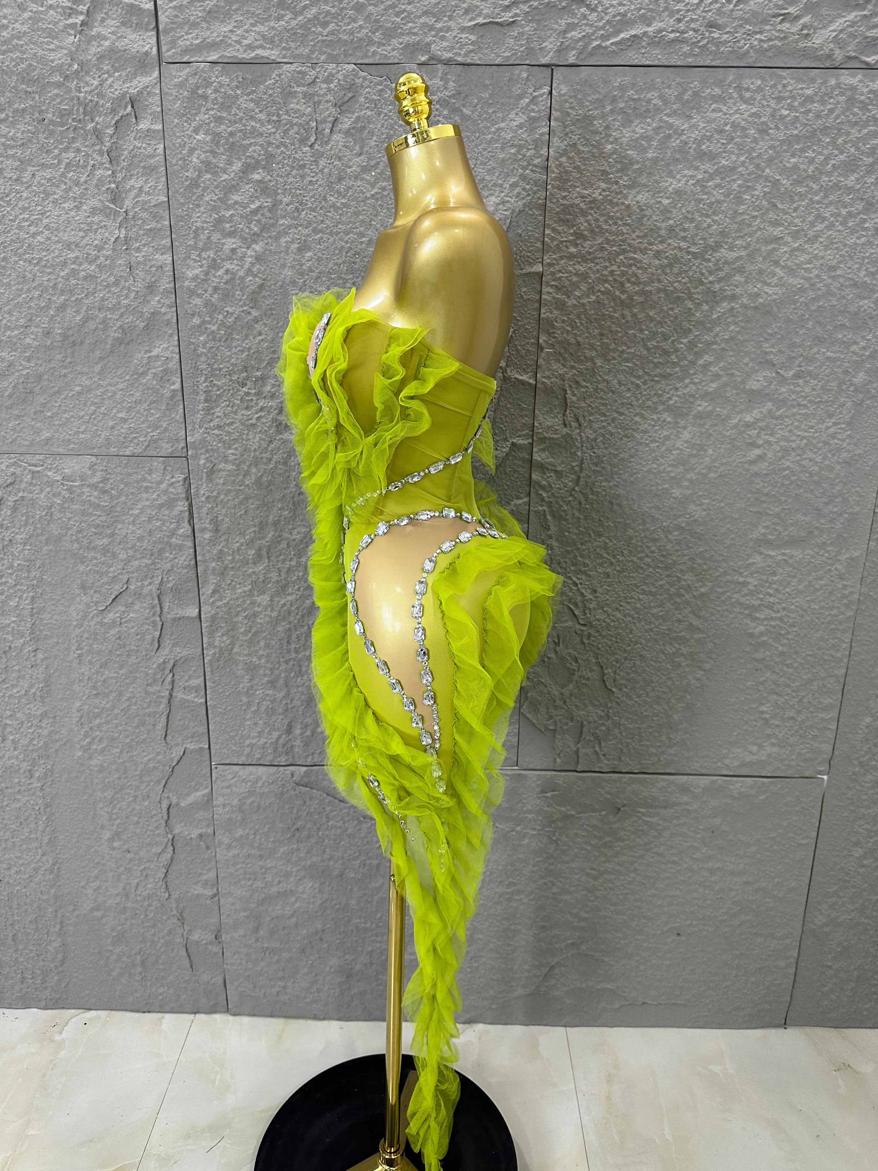 Luxury Green Sheer Mesh Ruffle Dress Neck Crystal Rhinestone Trim Cut Out Slim Fit Evening Wedding Guest Cocktail Party Dress
