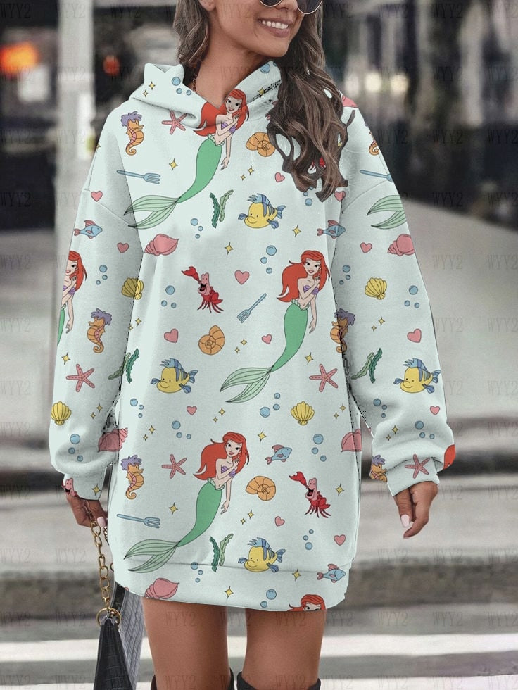 Women's Hoodie Dress Fall Fashion Print Long Sleeve Hooded Dress Women Disney Mermaid Women's Sweatshirt Streetwear YNSLMS019