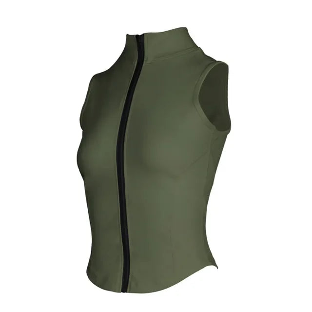 Women Sport Tops Zipper Sleeveless Yoga Shirt Girls Quick Dry Running Vest Elastic Slimming Sportwear Gym Workout Tank Top Woman WA54 Green