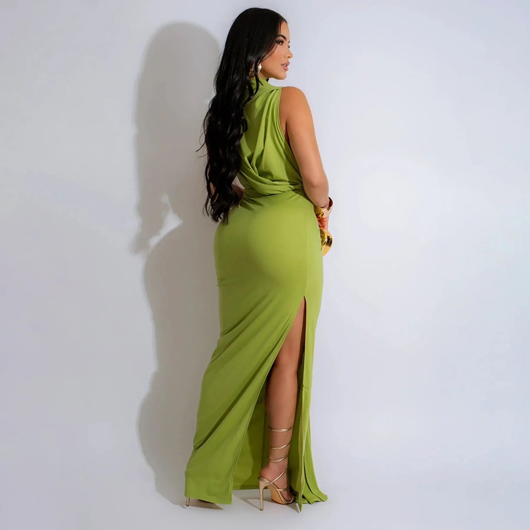 Women O-neck High Split Ruched Stacked Bodycon Midi Maxi Dress 2024 Evening Party Club Vestidos Sexy Chic Long Dresses