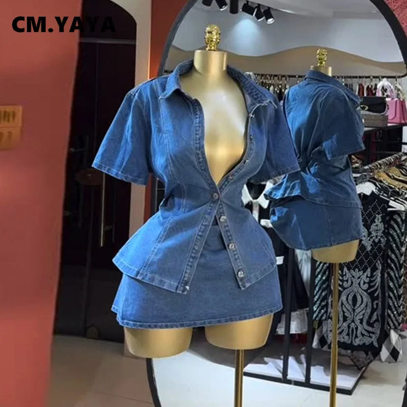 CM.YAYA Vintage Denim Women's Set Half Sleeve Shirt Blouse and A-line Midi Mini Skirts Suit 2025 Summer Two 2 Piece Sets Outfits