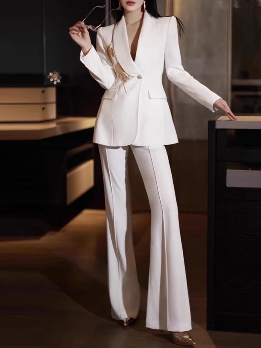 Solid Slimming Two Piece Sets for Women Lapel Long Sleeve Patchwork Bead Top High Waist Pant Temperament Set Female WHITE