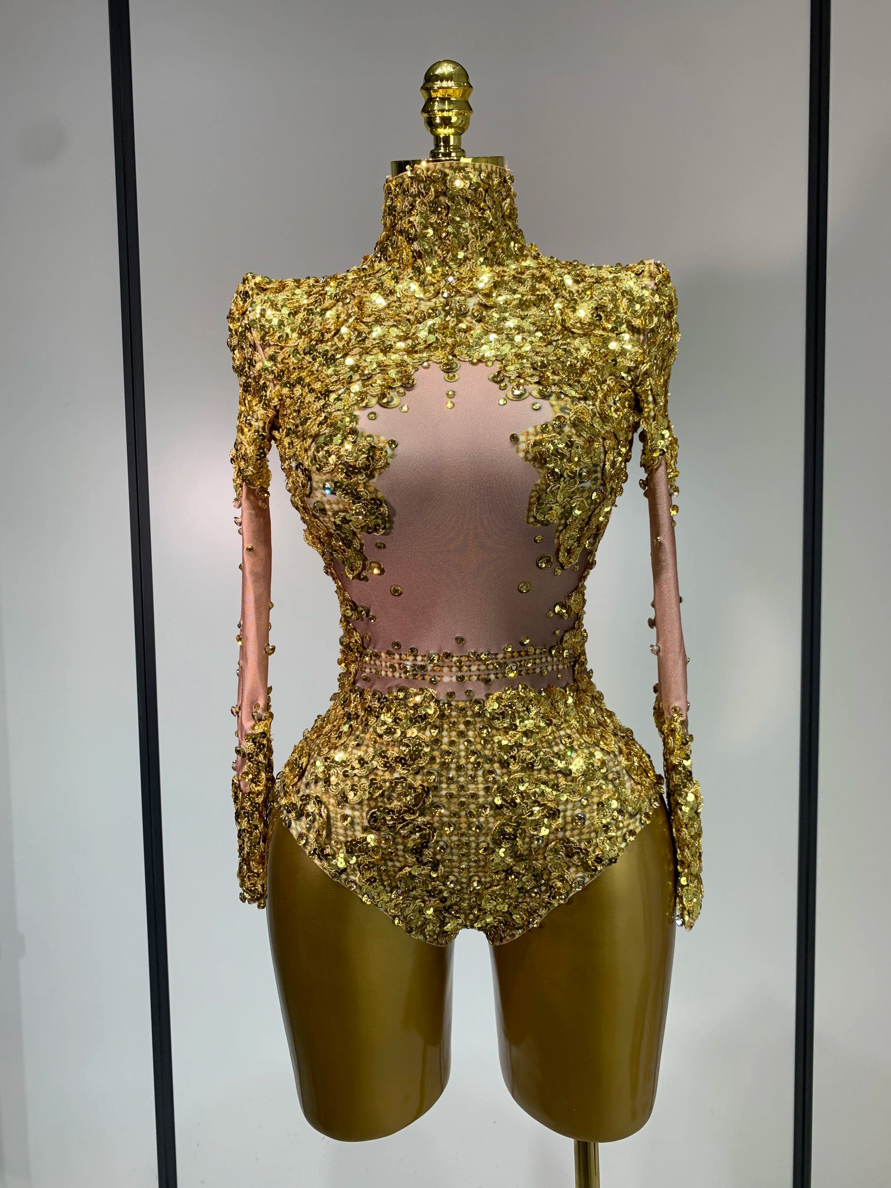 Sparkly Gold Rhinestone Sequin Stretch Bodysuits 2025 Women Luxury Birthday Party Nightclub Dancer Stage Performance Costume Gold