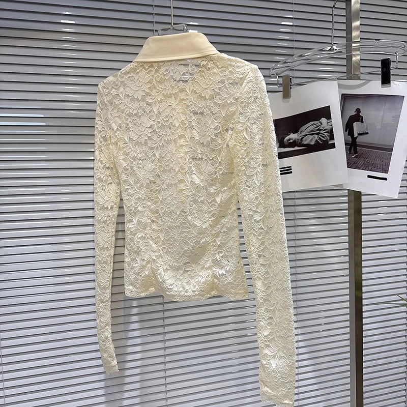 DEAT 2026 Spring New Fashionable Elegant V-neck Turn-down Collar Lace Hollow Long Sleeve Base Shirt For Women 11A07847