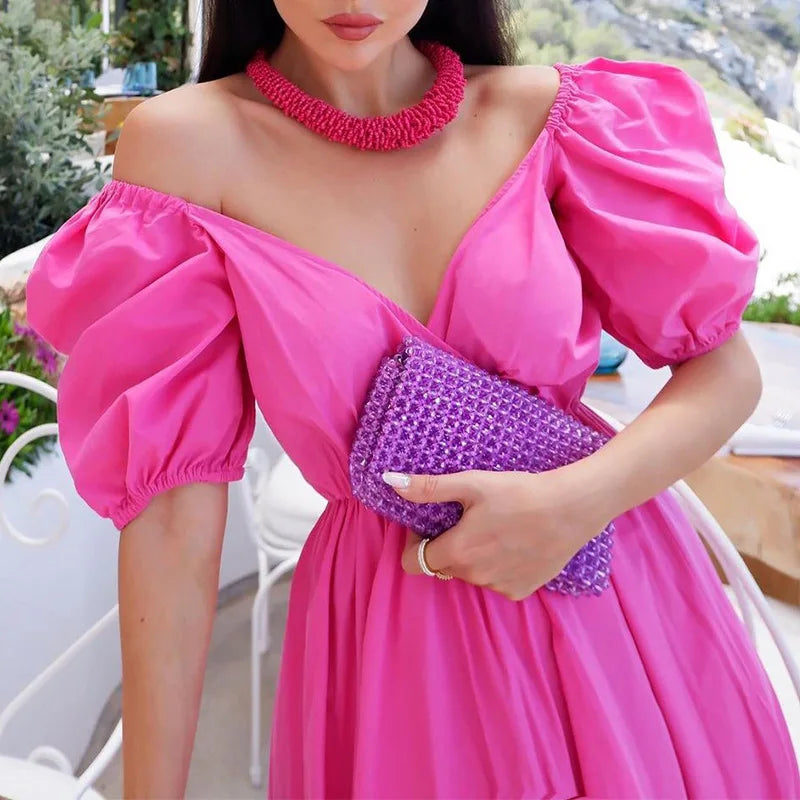 Elegant Women's New Maxi Dress Casual Short Sleeves V Neck Fashion Solid Color Simple Female Dress Summer Party Bohemia Dresses