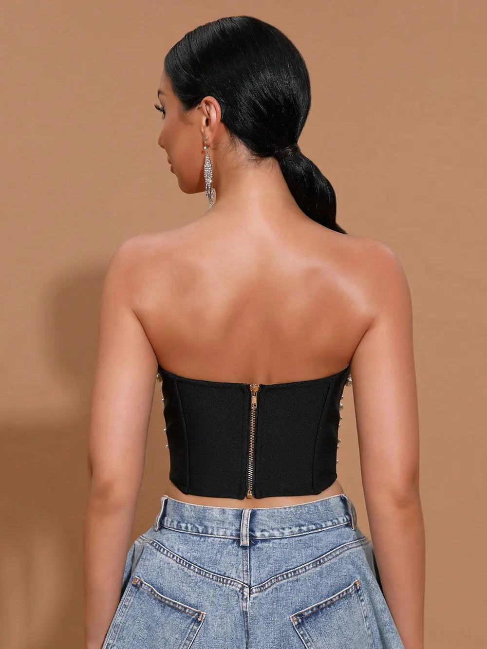 2025 Spring Sexy Women Light Luxury Nail Bead Bandage Tank Top Single Shoulder Sleeveless Hollow Out Back Hoodie Ultra Short Top