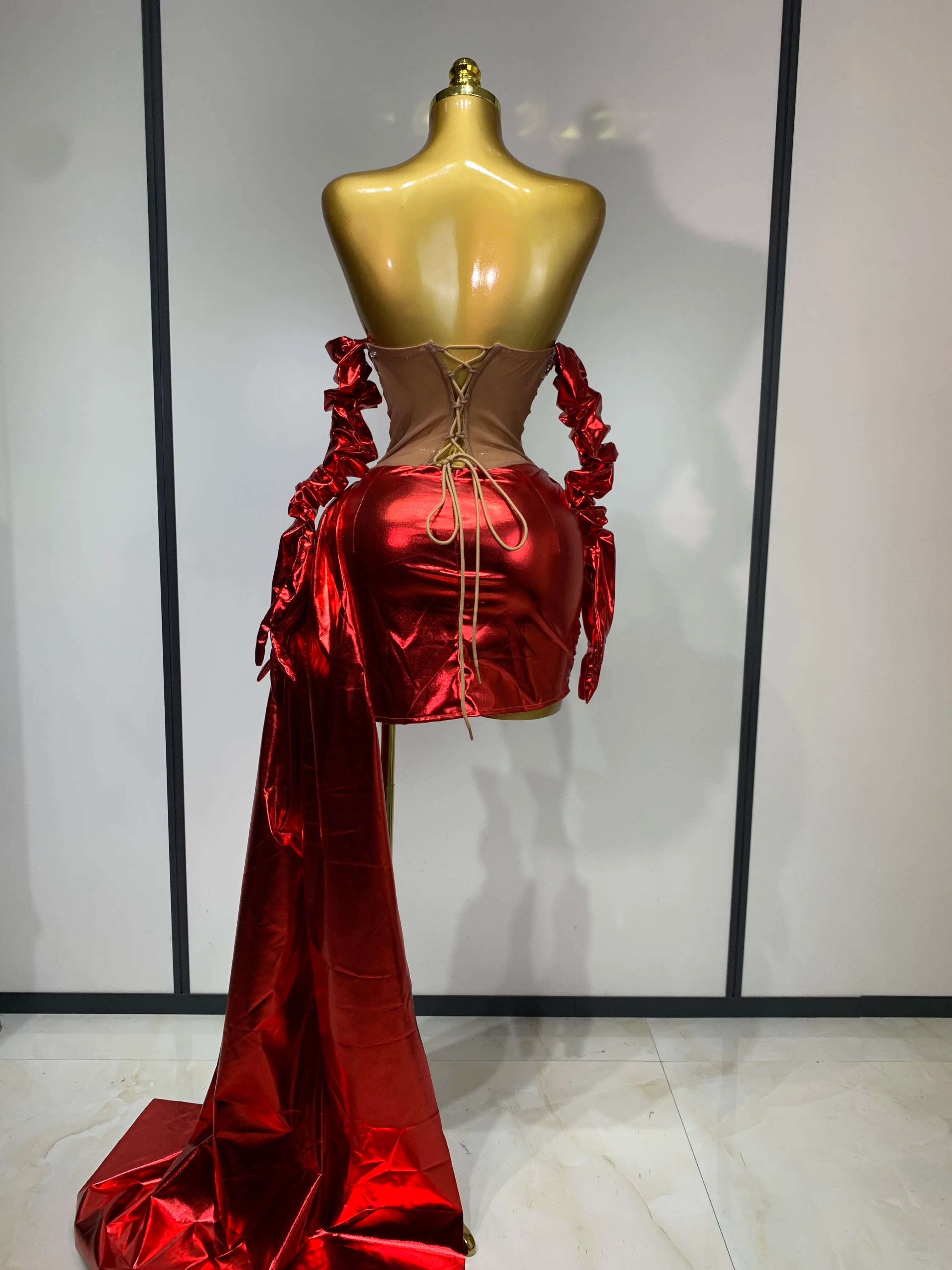 Sparkly Diamonds Sexy Mesh See Through Mini Dress Glove Women Celebrate Party Luxury Birthday Nightclub Perform Stage Outfit