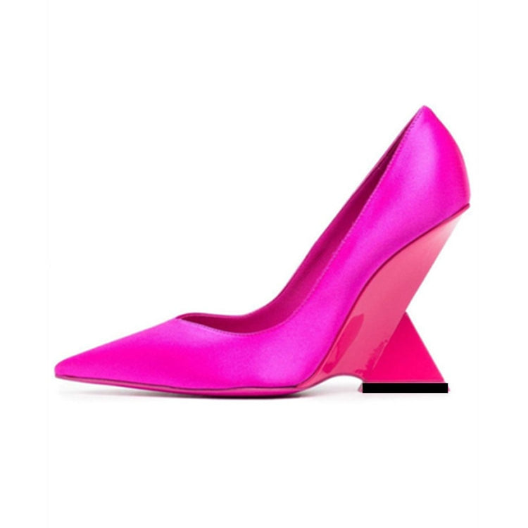 Summer New High Heels Thick Sole Thick Heel Lacquer Leather Shallow Mouth Pointed Fashion Sexy Women's Oversized Shoes S49 rose red