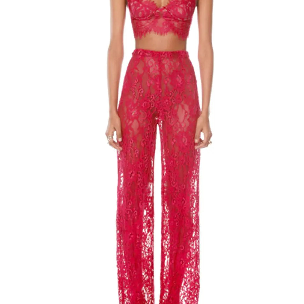 2025 Sexy Women'S Lace Pants Set Spaghetti Strap Sleeveless Backless Ultra Short Vest+Straight Leg Pants Two-Piece Set