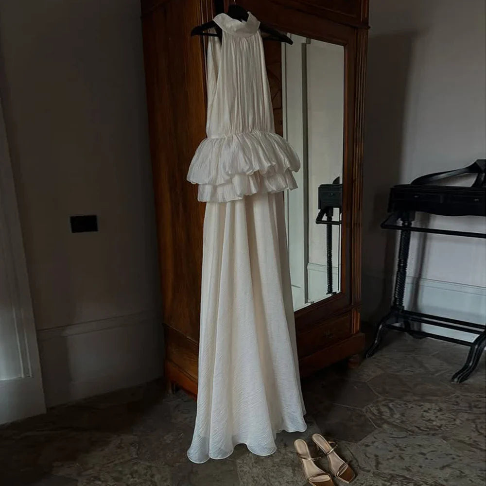 Solid Spliced Ruffles Folds Elegant Dresses for Women High Neck Sleeveless Temperament Dress Female Clothing New APRICOT