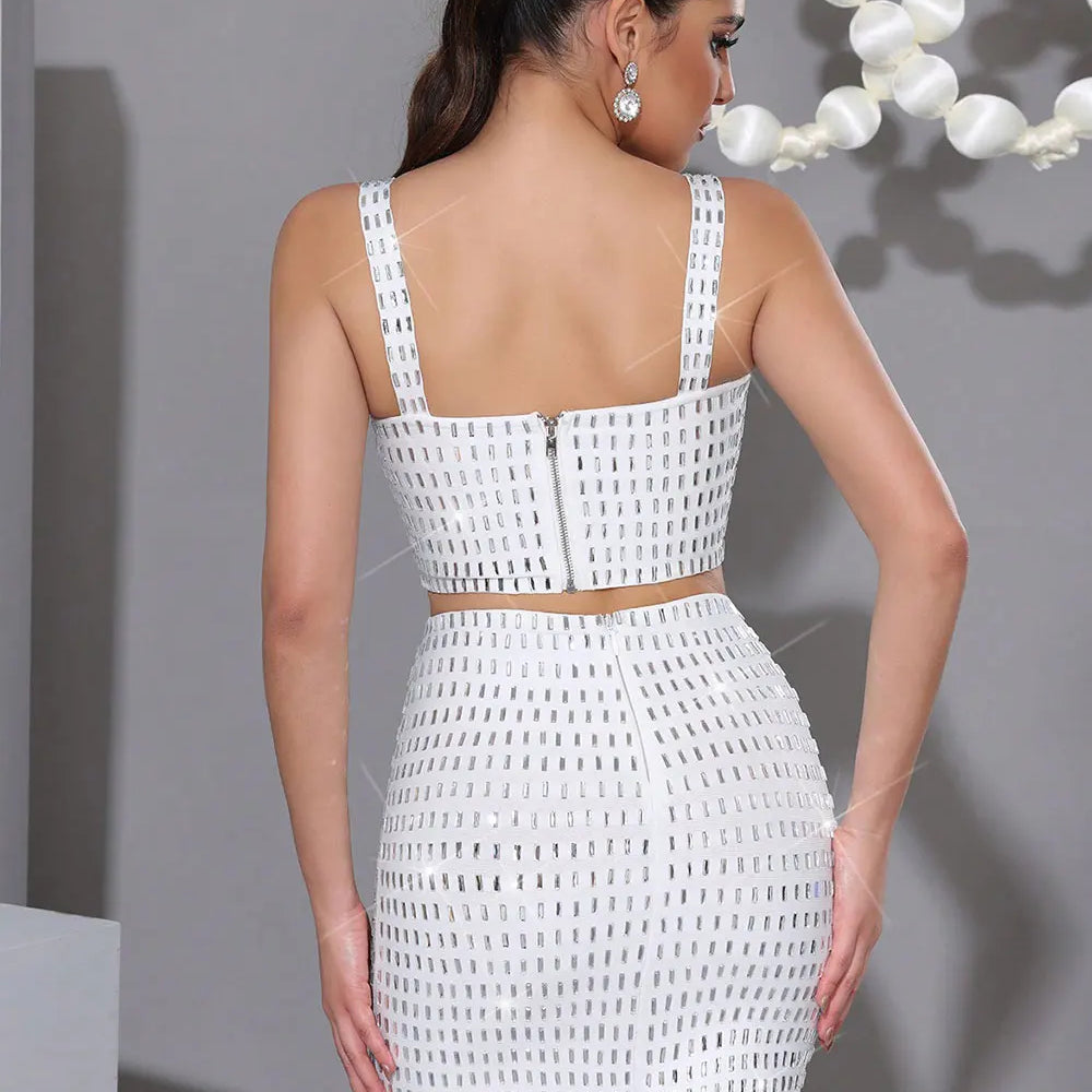 2025 Elegant Women's Nail Bead Design Bandage Skirt Set Camisole Sleeveless Ultra Short Tank Top+Mini Skirt Two Piece Set