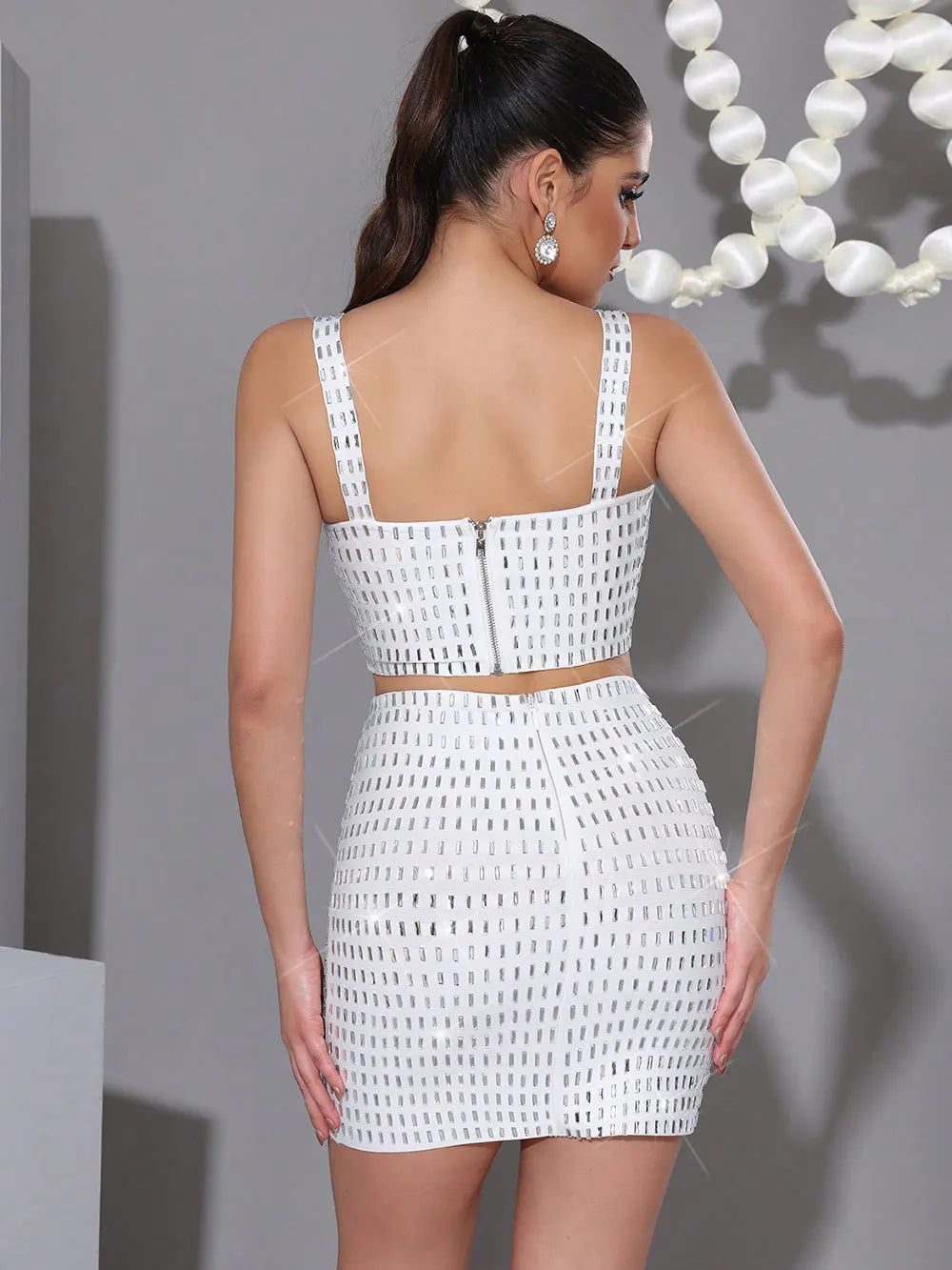 2025 Elegant Women's Nail Bead Design Bandage Skirt Set Camisole Sleeveless Ultra Short Tank Top+Mini Skirt Two Piece Set