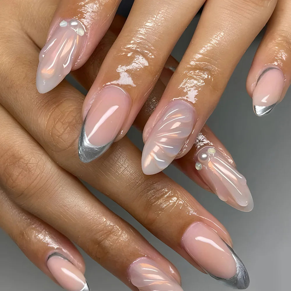 24Pcs Almond Shape Head Press on Fake Nails Short Round Head Full Cover Nail Tip Art Starfish Design French Colorful False Nails 223