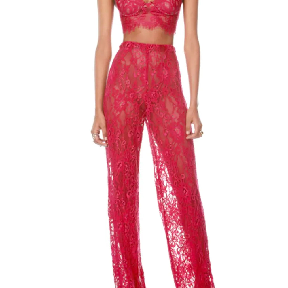 2025 Sexy Women'S Lace Pants Set Spaghetti Strap Sleeveless Backless Ultra Short Vest+Straight Leg Pants Two-Piece Set