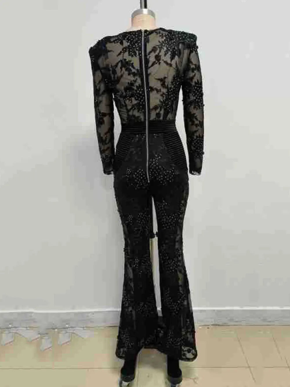 2025 Sexy Women's Light Luxury Embroidered Hot Diamond Patchwork Design jumpsuit V-neck Long sleeved Evening Party Horn jumpsuit