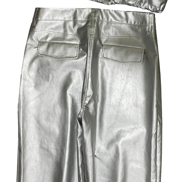 Lautaro Autumn Cool Silver Baggy Faux Leather Wide Leg Pants for Men Trousers Loose Casual Luxury Mens Designer European Clothes