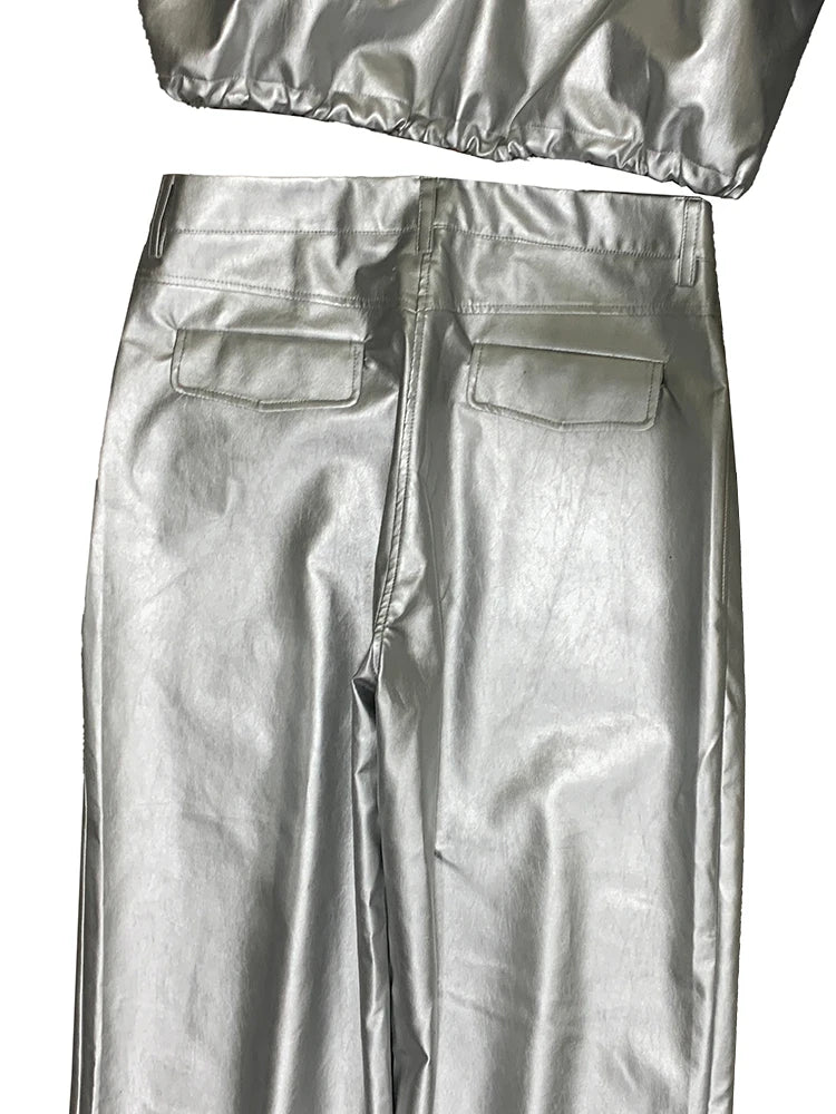 Lautaro Autumn Cool Silver Baggy Faux Leather Wide Leg Pants for Men Trousers Loose Casual Luxury Mens Designer European Clothes