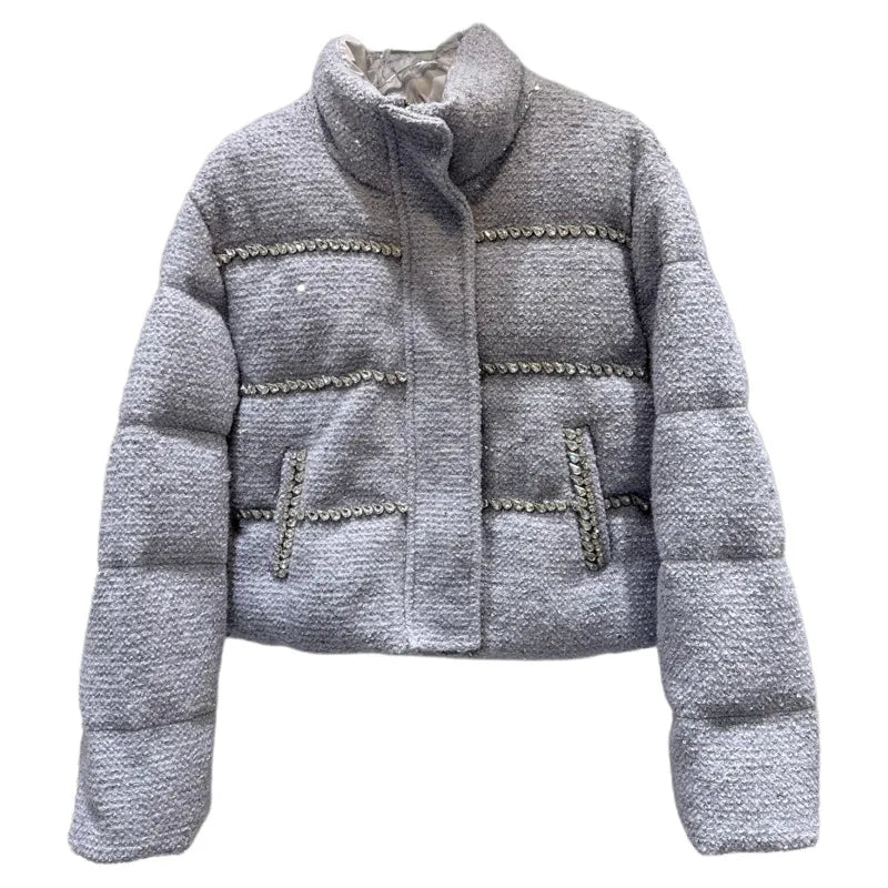 Winter New Sweet Fashion Rhinestone Beaded Edge Thick Tweed Stand Collar Warm Jacket For Women Cotton Coat 11A07587