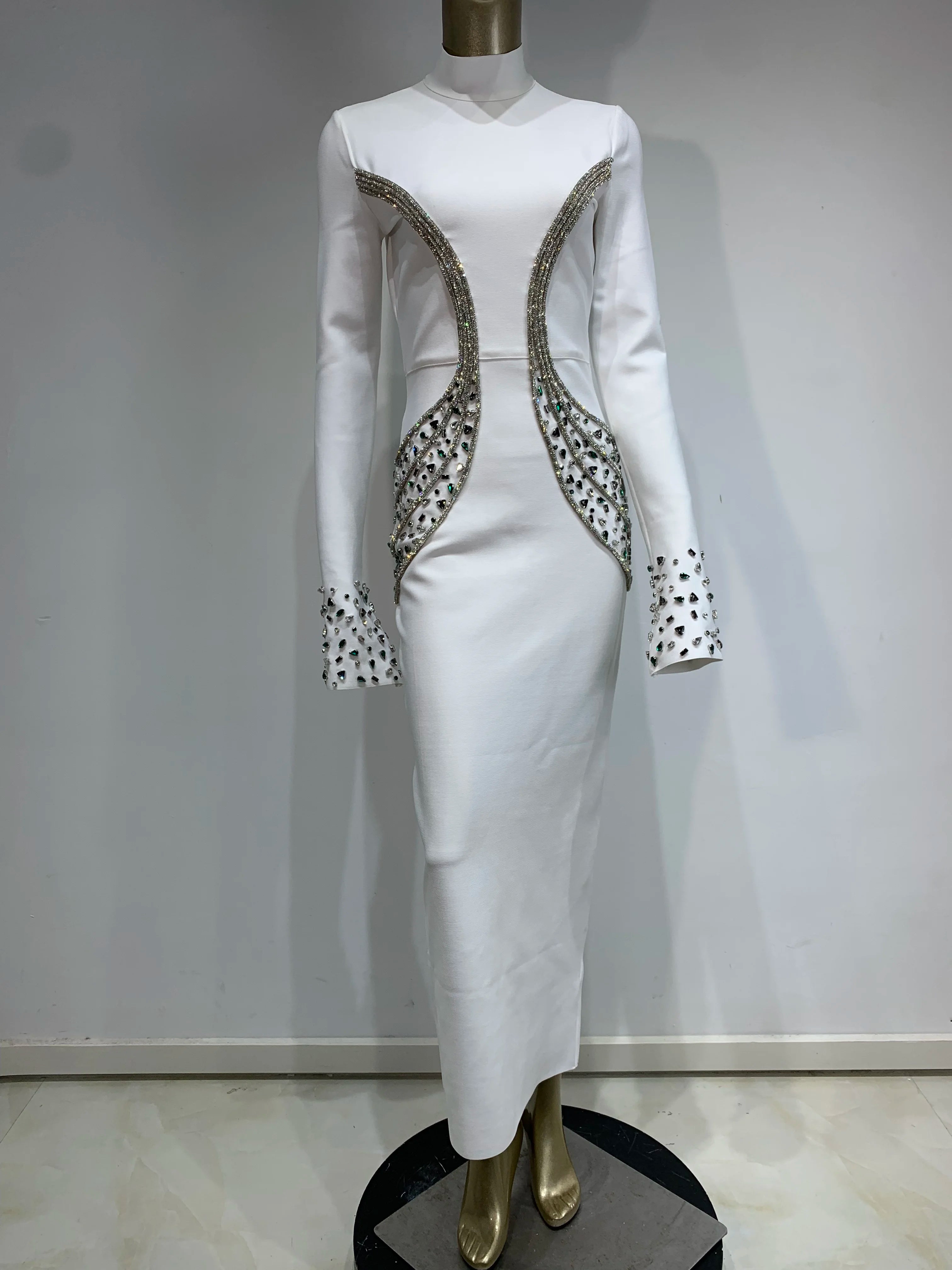 Women Celebrity Sexy Beading Crystal Diamonds Black White Maxi Long Bodycon Bandage Dress 2024 Elegant Evening Club Party Dress