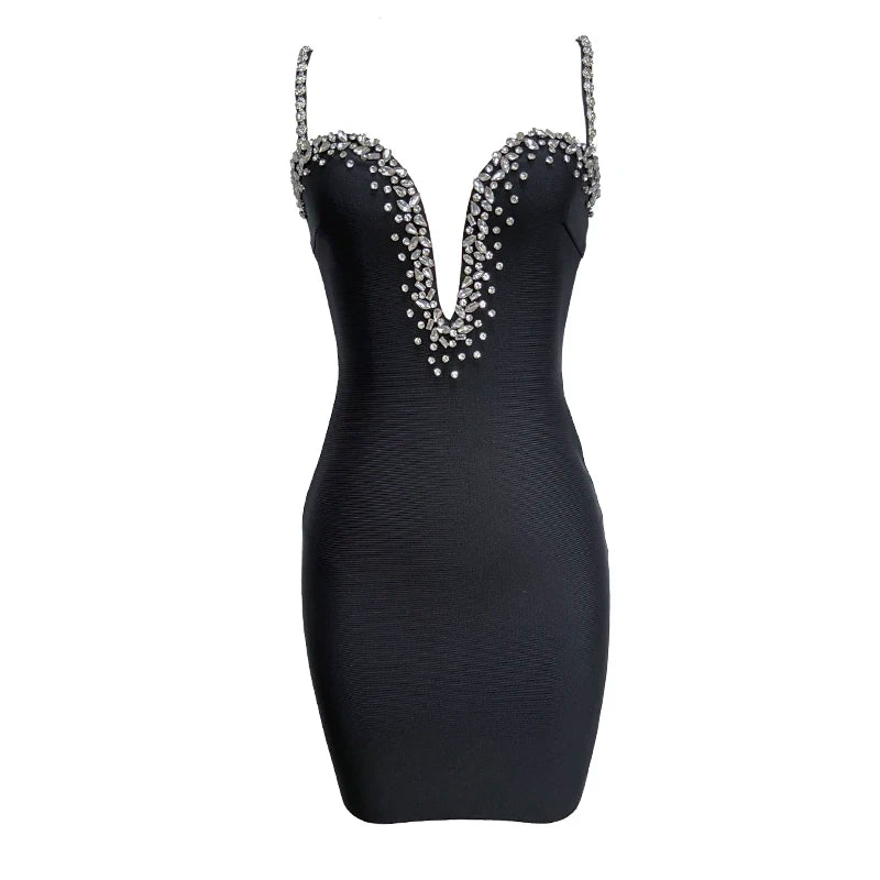 Top Women Sleeveless Sexy Strap V-Neck Bodycon Mini Dress Crystal Bandage Fashion Nightclub Party Birthday Dress