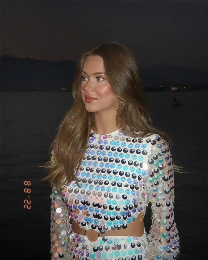 Spring Summer New Dress Women's Fashion Solid Color Sequined Flare Sleeve Dress Women's Sexy O-Neck Irregular Mini Dress Silver