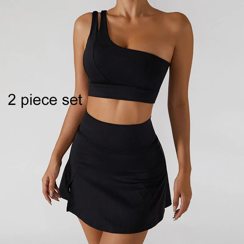 Yoga Skirt Set Women Workout Sport Gym Wear Suit High Wais Fitness Crop Top Female Tennis Sportswear One Shoulder Bra Black-Set