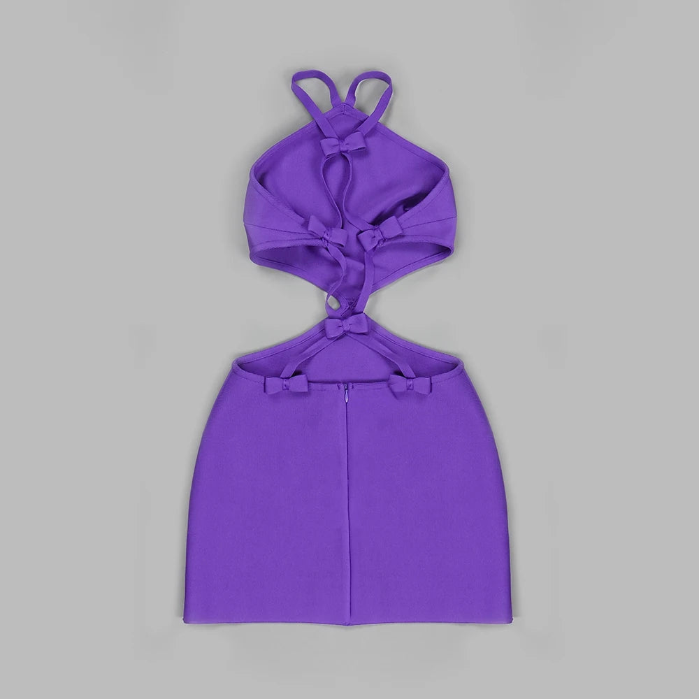 2022 New Purple Rayon Bandage Sexy Backless Bodycon Mini Dress Women Fashion Halter Nightclub Party Celebrate Outfit Vestido