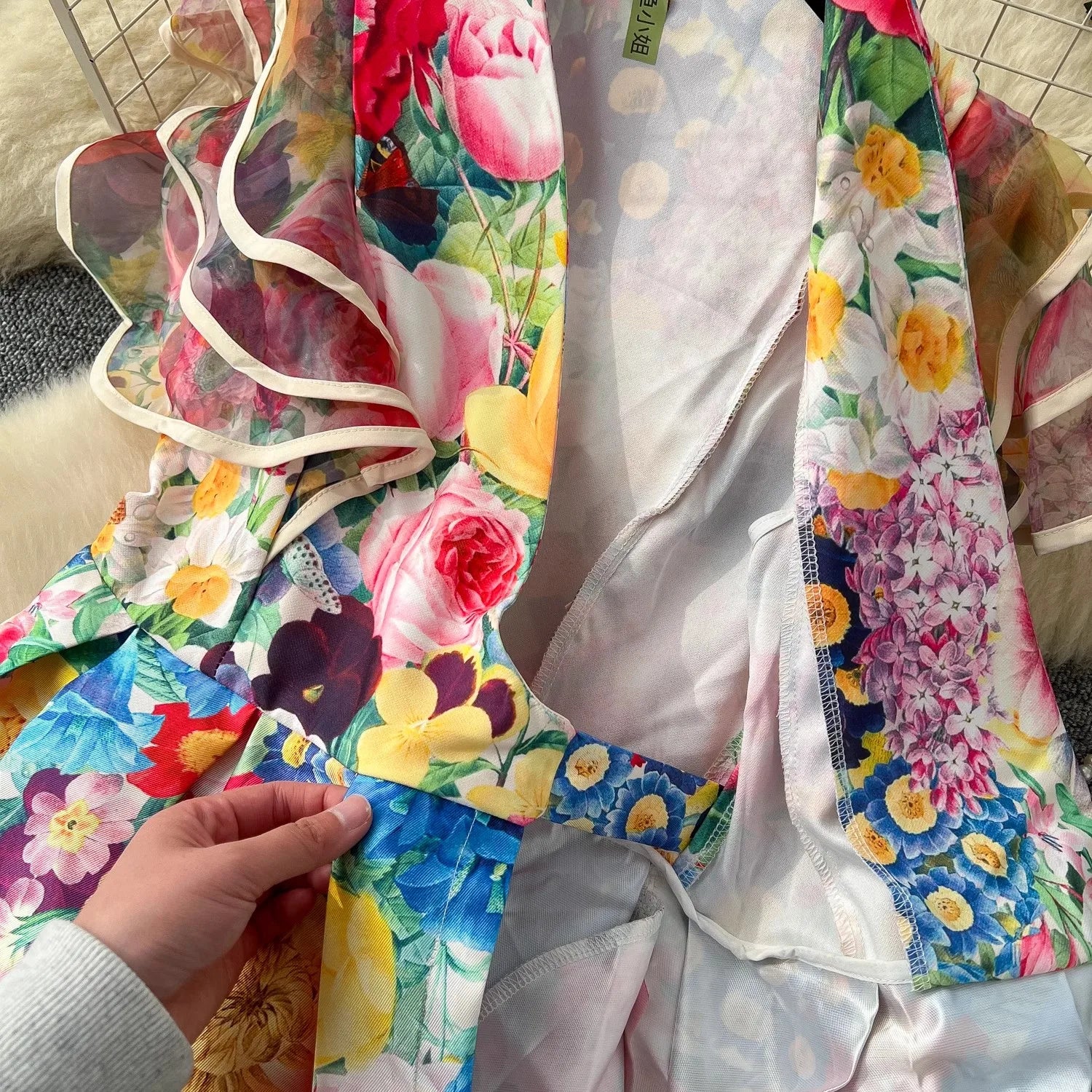 Summer Bohemian Gorgeous Flower Long Dress Women V-Neck Layer Mesh Sleeve Floral Print Bandage Lace Up Robe Vestidos Clothes