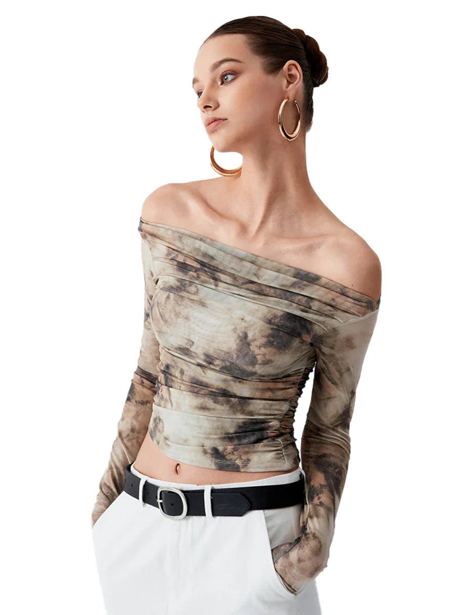 CUTENOVA Spring New Printed Slash Collar Long Sleeve Backless Shrinkage Top T-Shirt Mesh See Through Elegant Top Casual Khaki