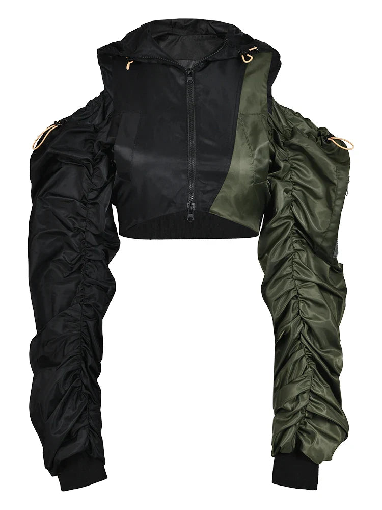 DEAT Fashion Women's Jackets Hooded Off The Shoulder Drawstring Contrast Stitching Midriff-baring Coat Autumn New 7AB303