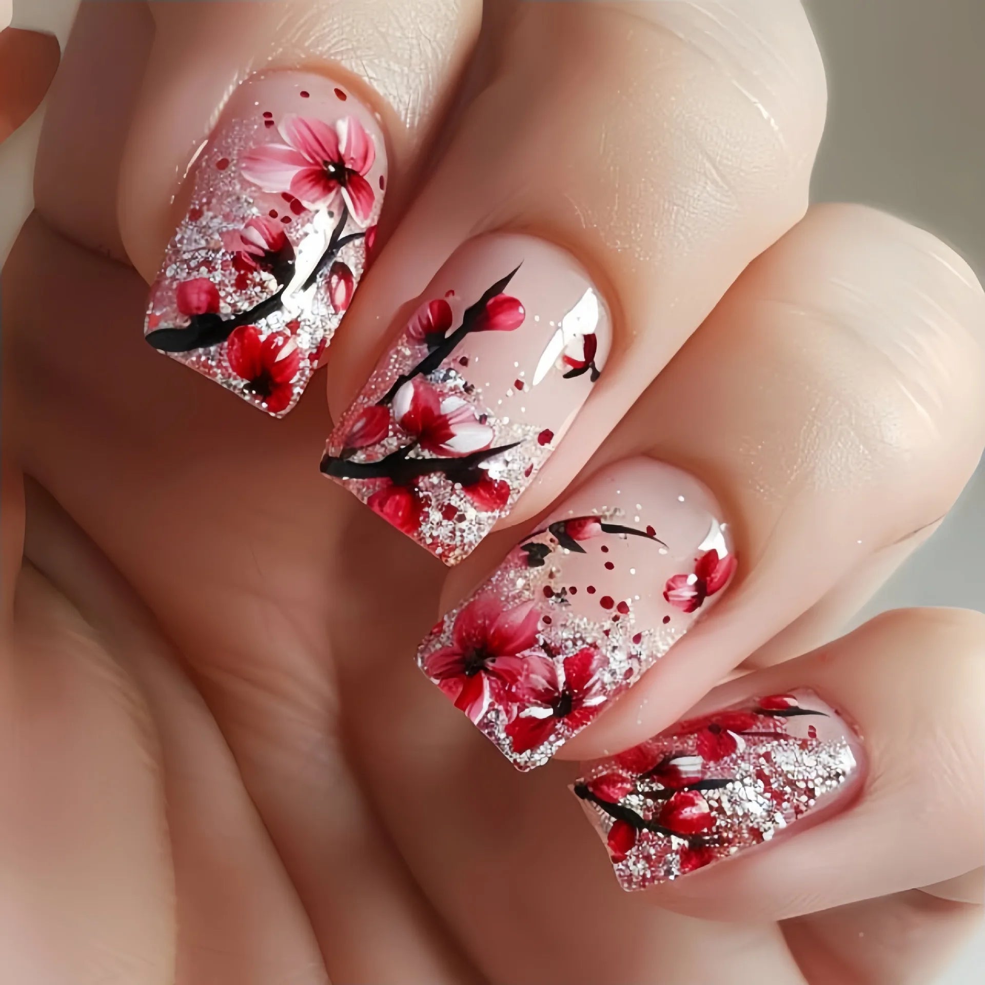 Mid-length Fake Nails Ballet Press on Nails Full Cover Plant Flower Glitter Nail Set Tip Art Wearable New Year False Nails 24Pcs 1