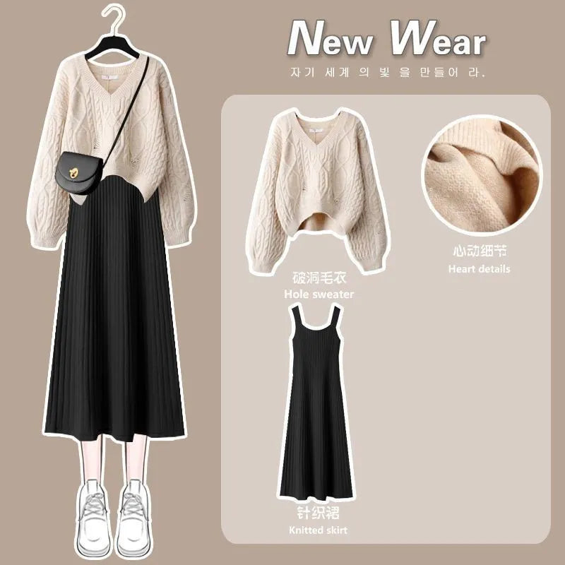 Women's 2024 Autumn Winter New Fashion V-Neck Sweater Knitted Dress Two Piece Korean Elegant Top Skirt Matching Set Female Suit Set 05