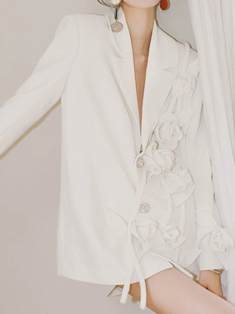 DEAT Fashion Women's Blazer Notched Collar Loose Diamonds Buttons Spliced Flower White Suit Jackets summer New 17A7225
