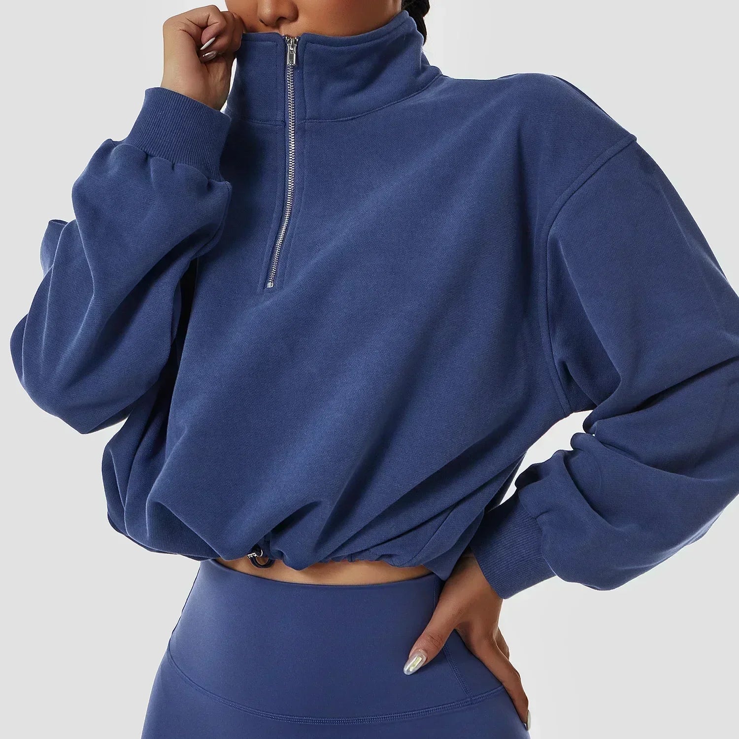 Yoga Pullover High Neck Fitness Sports Sweater Women's Running Rope Zipper Women's Loose Long sleeved Sweater blu
