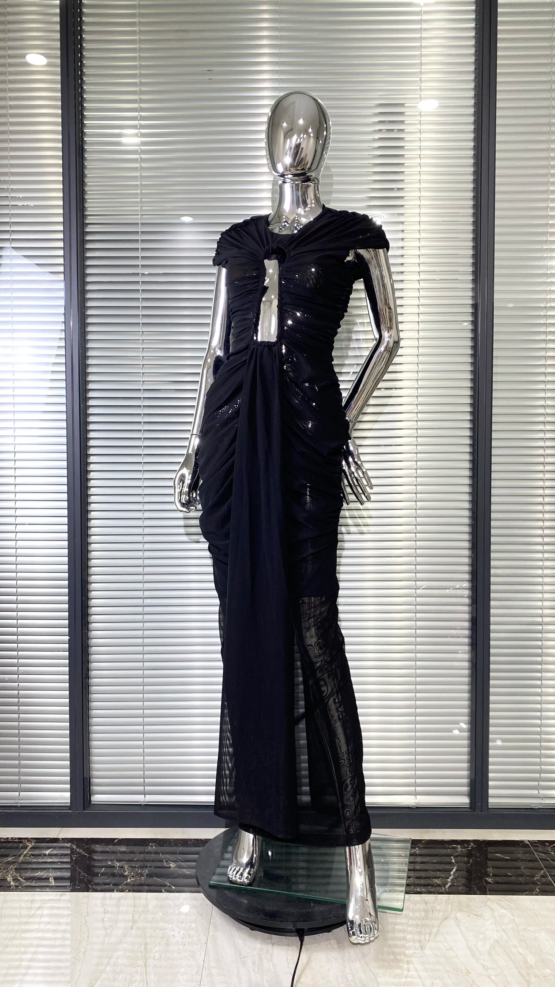 New Sexy Hollow Out SeeThrough Mesh Ankle Leng Evening Dress Fashion Woman Birthday Party Vestido Celebrity Evening Party Outfit