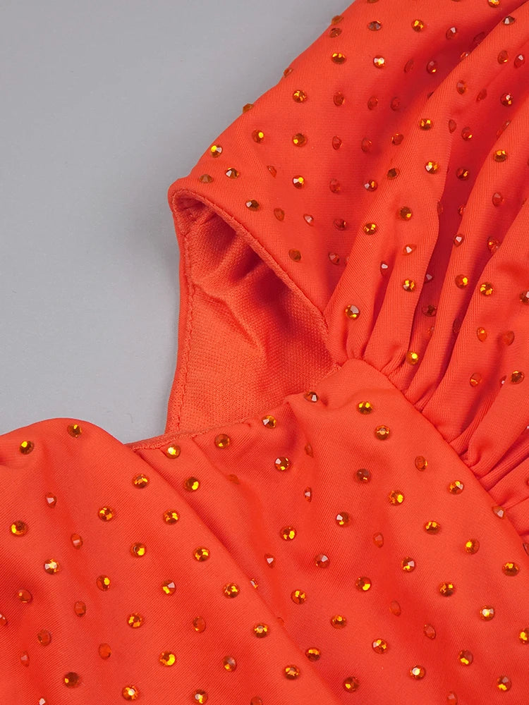 Orange Halter Sleeveless Cut Out Log Dress Diamonds Maxi Bodycon Elegant Party Evening Stage Performance Vestido