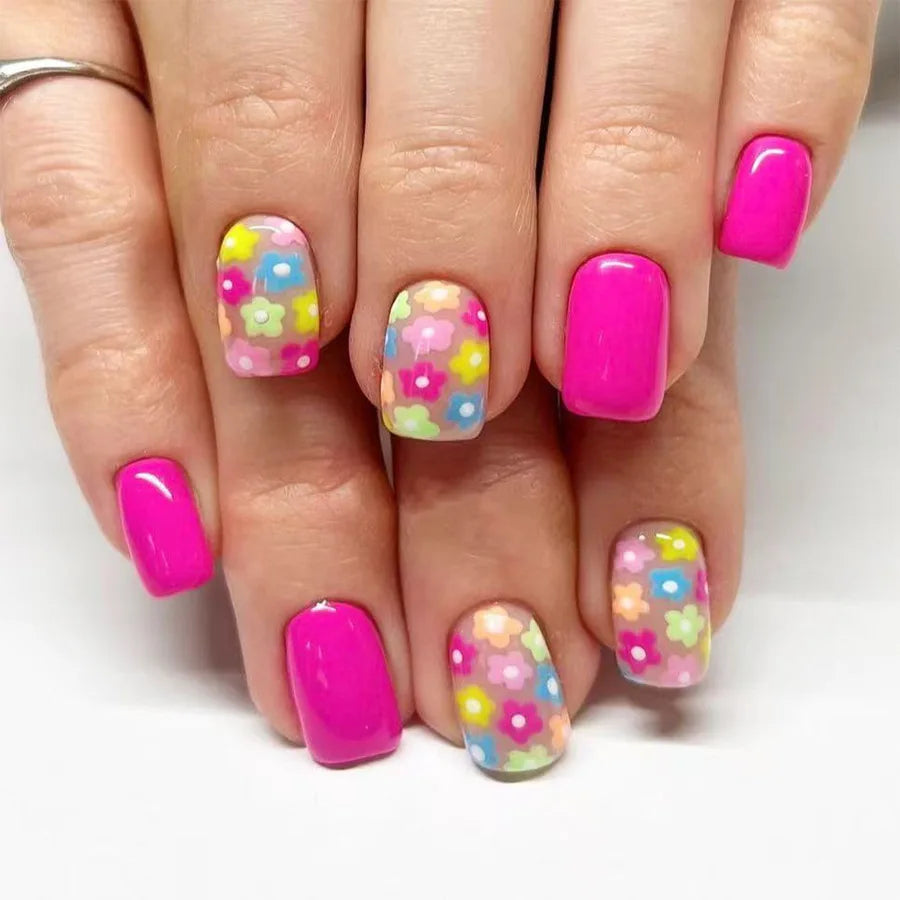 24Pcs Simple Press on Nails with Cute Flower Design Wearable Short Square Head False Nails Multi-color Full Cover Fake Nail Tips 1