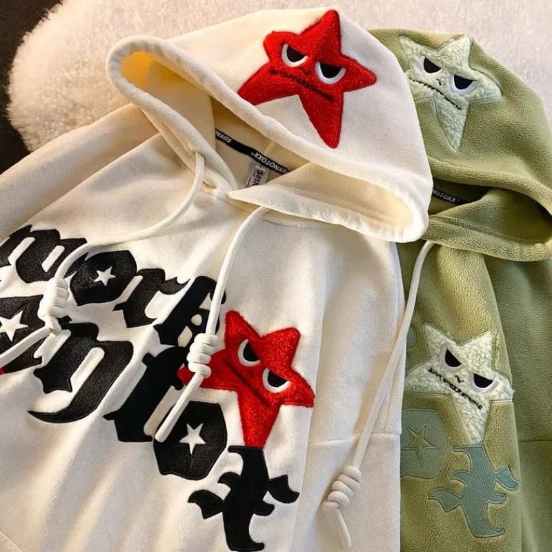 Street five-pointed star embroidery letter design pullover hoodies women autumn and winter niche trend loose women hoodies