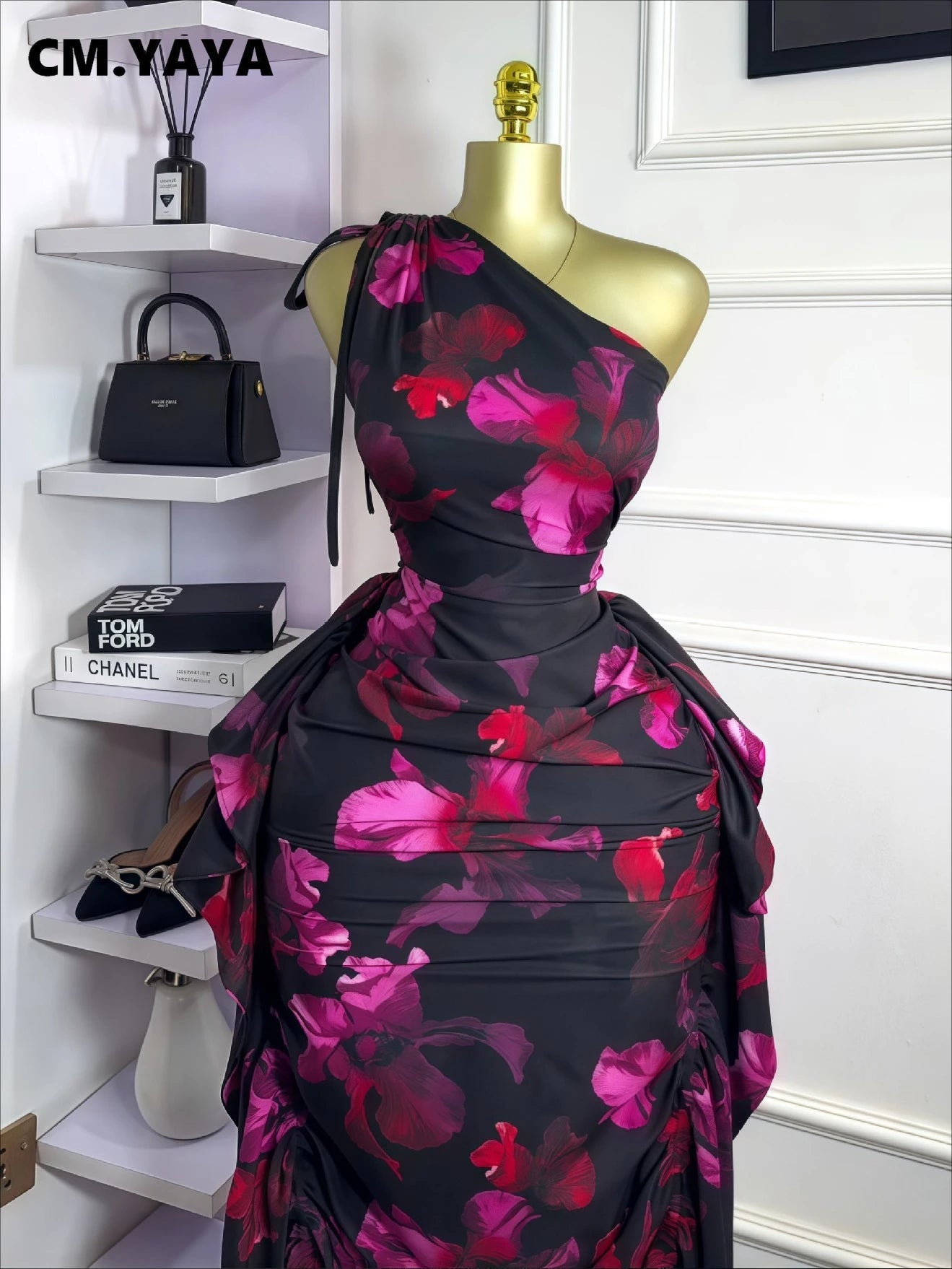CM.YAYA Women Floral Printed One Shoulder Sleeveless Stacked Ruched Bodycon Midi Maxi Long Dress 2025 Sexy Party Evening Dresses